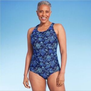 Lands' End Paisley Swimsuit Medium Navy and Light Blue Floral One Piece